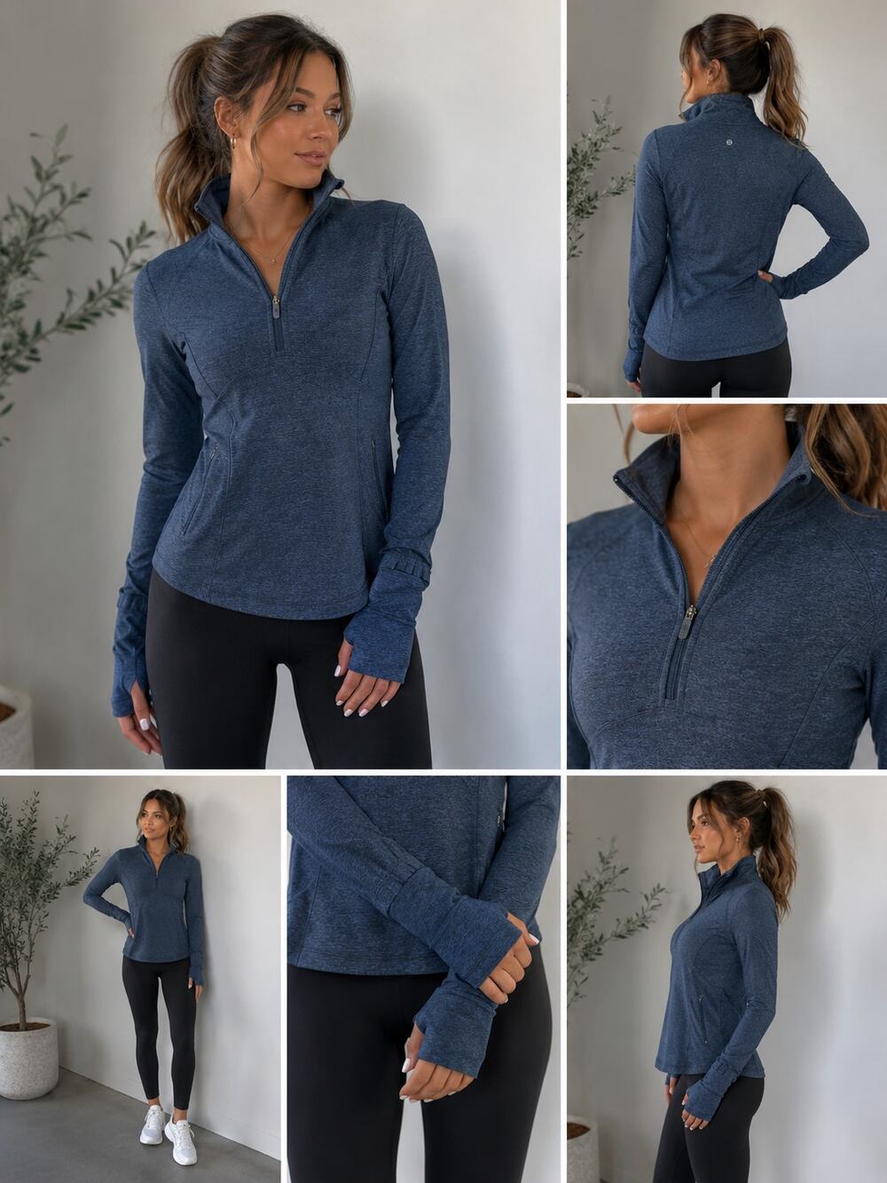 Lululemon Women's Size 4 Blue Heather 1/2 Zip Pullover Thumbholes Running Top